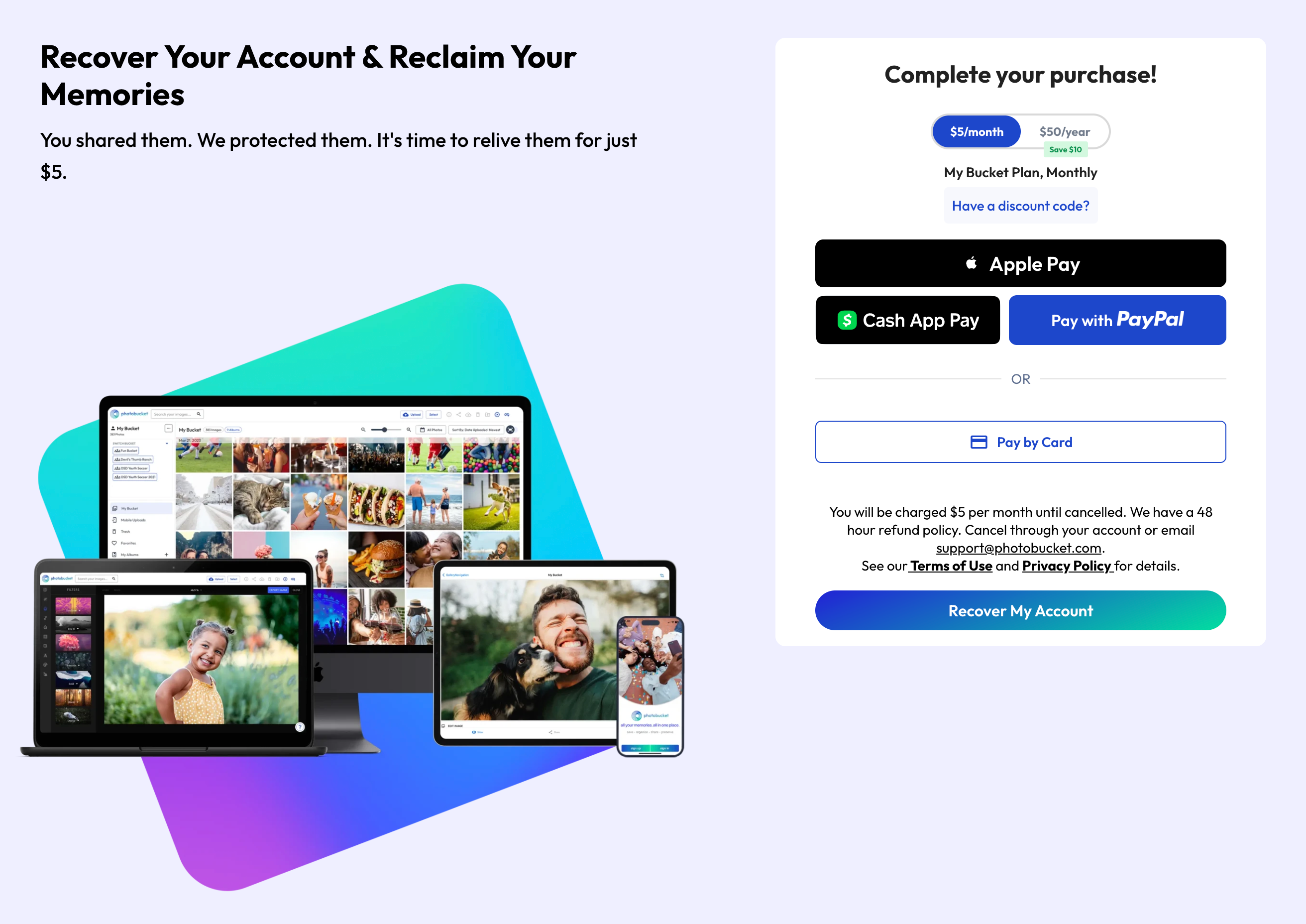 Photobucket paywall titled 'Recover Your Account & Reclaim Your Memories', showing payment options and $5/month pricing